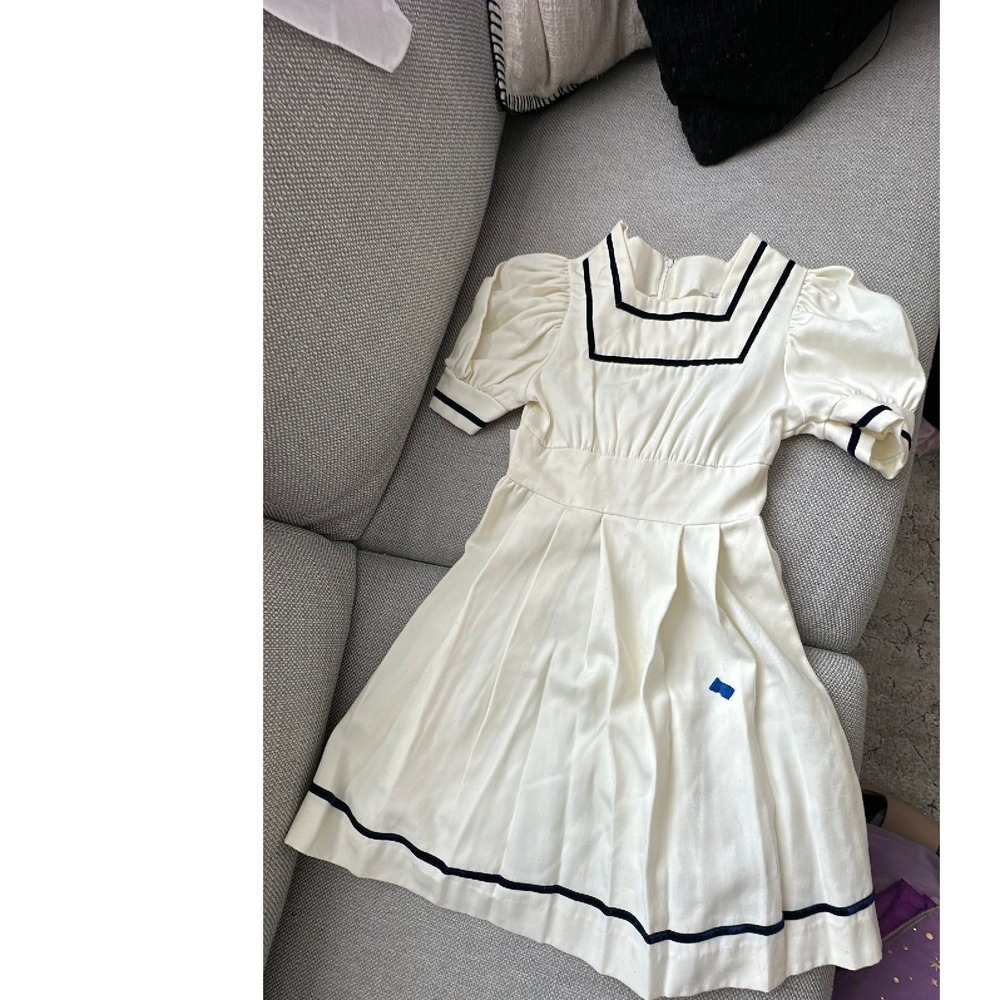 Vintage Cinderella Girls Dress Size 7 Cream Navy Velvet Trim Puffed Sleeve USA